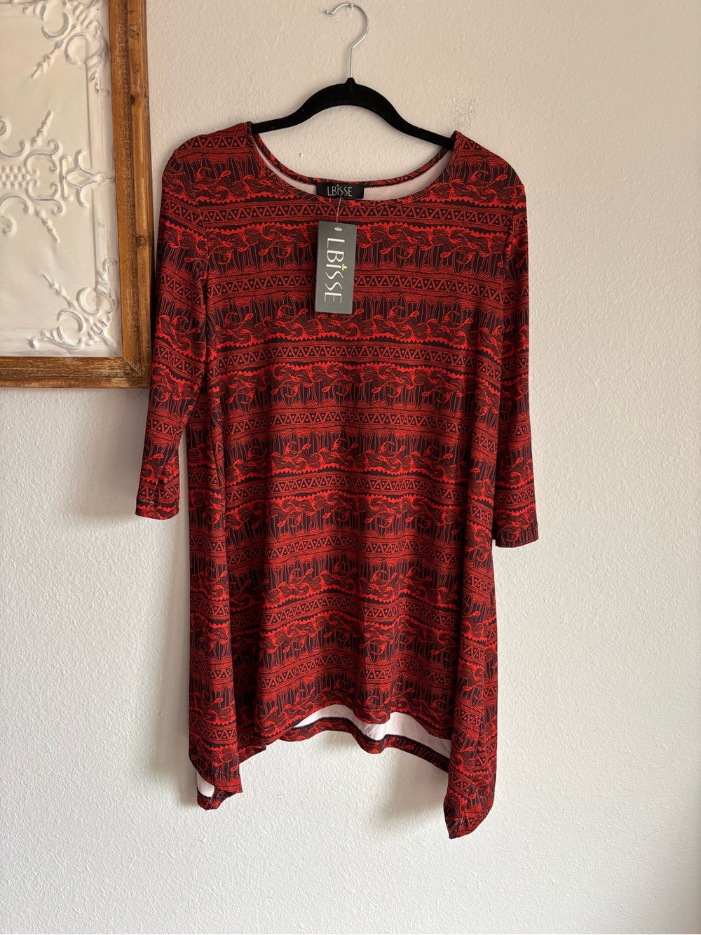 LBISSE 3/4 sleeve Red black Patterned Women’s Tunic Dress size large NWT